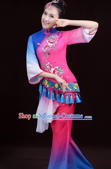 Chinese Traditional Waist Drum Dance Garment Costumes Yangko Performance Clothing Fan Dance Apparels Folk Dance Rosy Uniforms