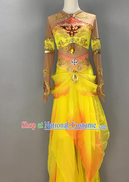 China Stage Performance Yellow Uniforms Classical Dance Fashion Dress Flying Fairy Dance Garment Costumes Thousands Hands Guanyin Clothing