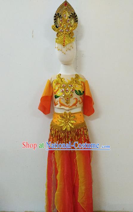 China Thousands Hands Guanyin Clothing Children Stage Performance Red Uniforms Classical Dance Fashion Dress Flying Fairy Dance Garment Costumes and Headpieces