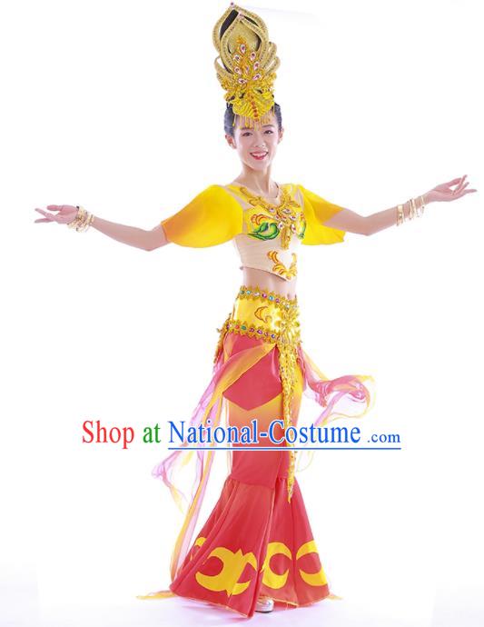 China Classical Dance Dress Thousands Hands Guanyin Dance Garment Costumes Flying Goddess Dance Clothing Stage Performance Uniforms and Hair Accessories