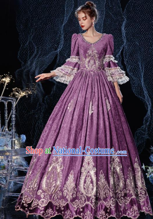 Top European Drama Performance Clothing Western Court Princess Purple Full Dress Compere Garment Costume French Noble Lady Formal Attire