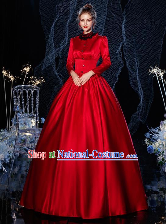 Top Christmas Garment Costume England Queen Formal Attire European Drama Performance Clothing Western Court Empress Red Satin Full Dress