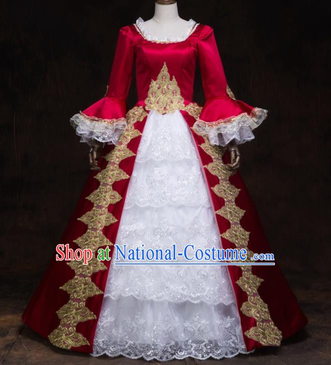 Top Western Renaissance Style Red Full Dress Christmas Garment Costume England Noble Woman Formal Attire European Drama Performance Clothing