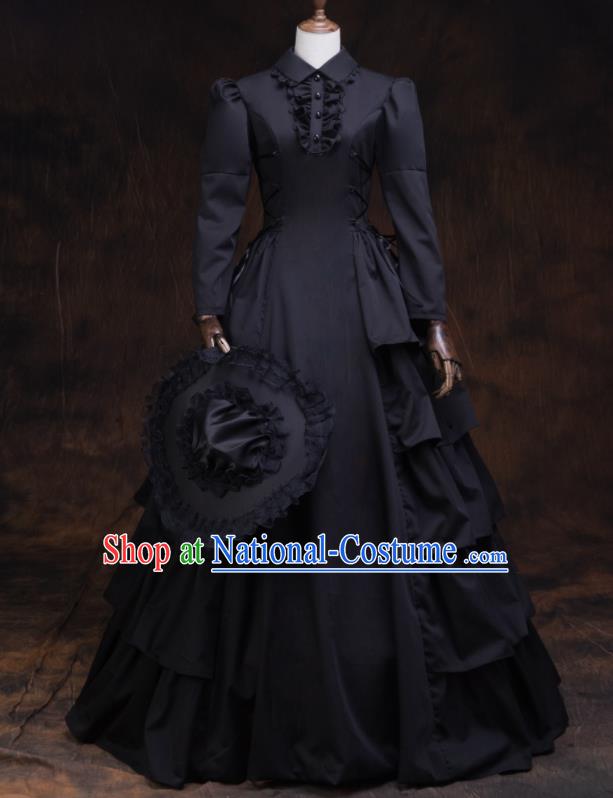 Top European Drama Performance Clothing Western Renaissance Style Black Full Dress Gothic Garment Costume England Noble Woman Formal Attire