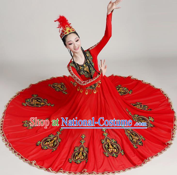 Chinese Xinjiang Ethnic Folk Dance Red Dress Outfits Uyghur Nationality Opening Dance Clothing Uighur Minority Festival Performance Garment Costumes