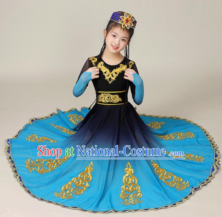 Chinese Uighur Minority Children Performance Garment Costumes Xinjiang Ethnic Folk Dance Blue Dress Outfits Uyghur Nationality Dance Clothing