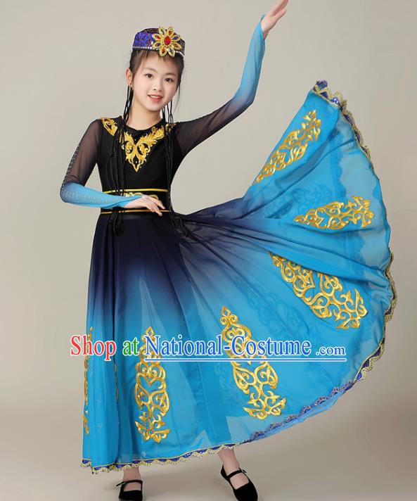 Chinese Uighur Minority Children Performance Garment Costumes Xinjiang Ethnic Folk Dance Blue Dress Outfits Uyghur Nationality Dance Clothing