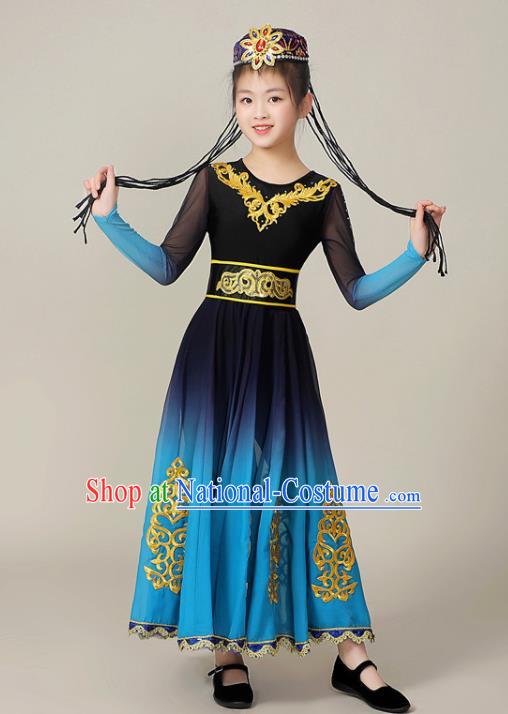 Chinese Uighur Minority Children Performance Garment Costumes Xinjiang Ethnic Folk Dance Blue Dress Outfits Uyghur Nationality Dance Clothing