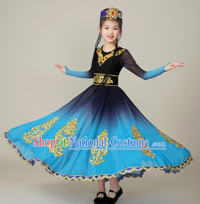 Chinese Uighur Minority Children Performance Garment Costumes Xinjiang Ethnic Folk Dance Blue Dress Outfits Uyghur Nationality Dance Clothing