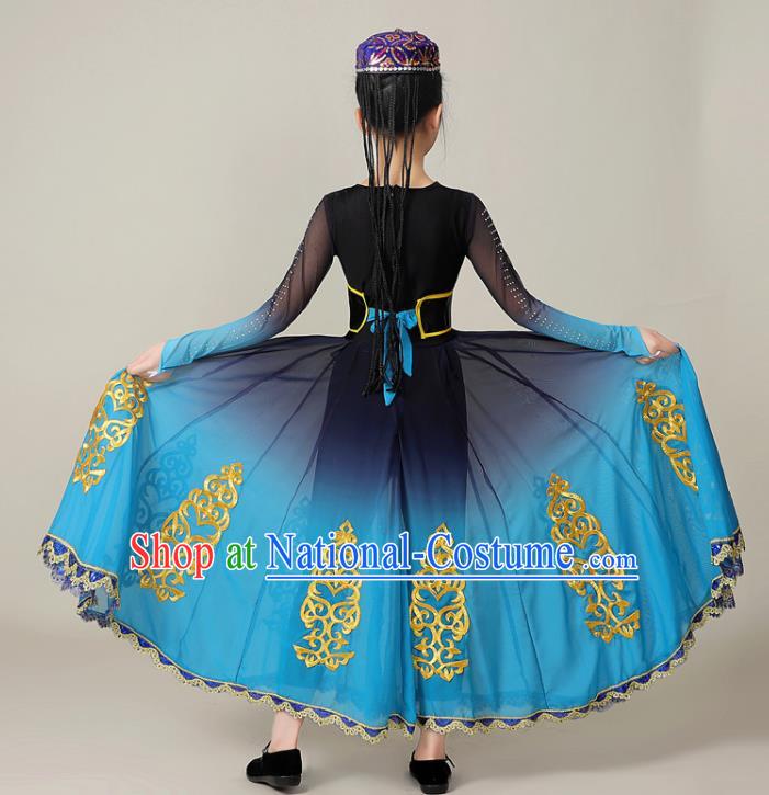 Chinese Uighur Minority Children Performance Garment Costumes Xinjiang Ethnic Folk Dance Blue Dress Outfits Uyghur Nationality Dance Clothing