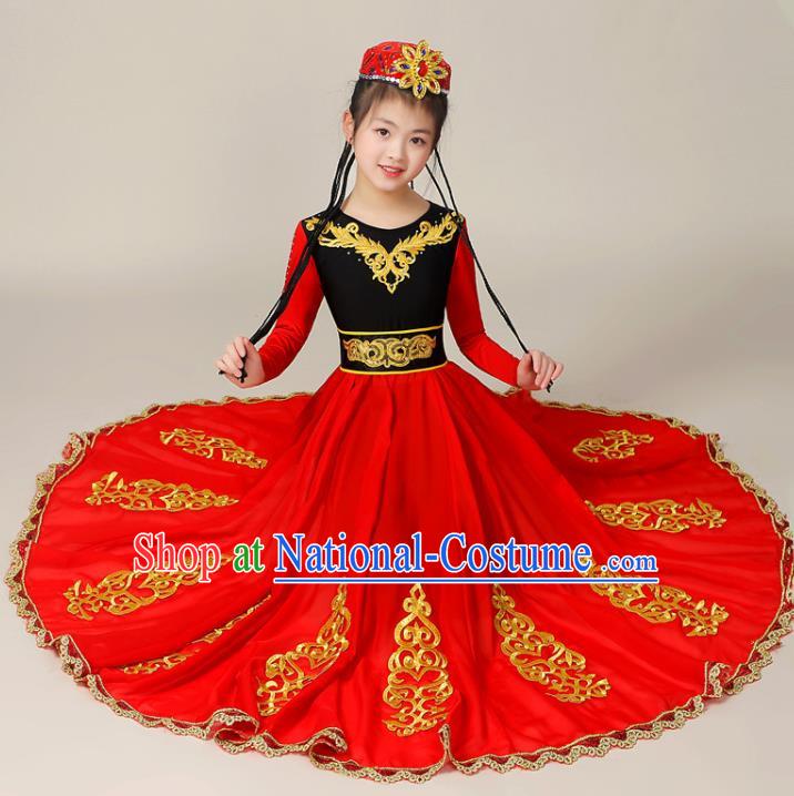 Chinese Uyghur Nationality Girl Dance Clothing Uighur Minority Children Performance Garment Costumes Xinjiang Ethnic Folk Dance Red Dress Outfits