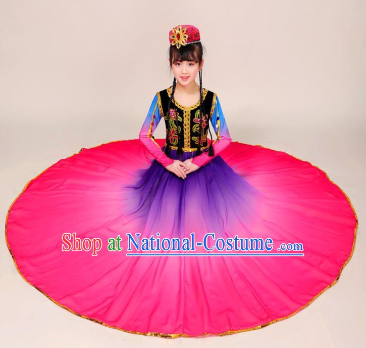 Chinese Xinjiang Ethnic Folk Dance Rosy Dress Outfits Uyghur Nationality Girl Dance Clothing Uighur Minority Children Performance Garment Costumes