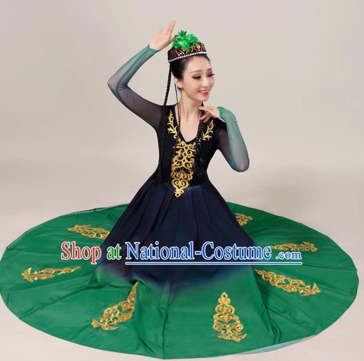 Chinese Uyghur Nationality Folk Dance Clothing Uighur Minority Performance Garment Costumes Xinjiang Ethnic Female Green Dress Outfits