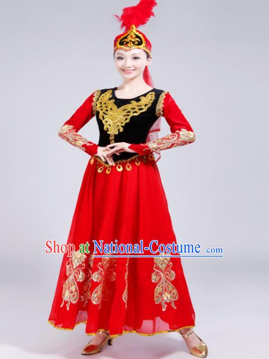 Chinese Uyghur Nationality Performance Clothing Spring Festival Gala Opening Dance Garment Costumes Xinjiang Ethnic Dance Red Dress Outfits