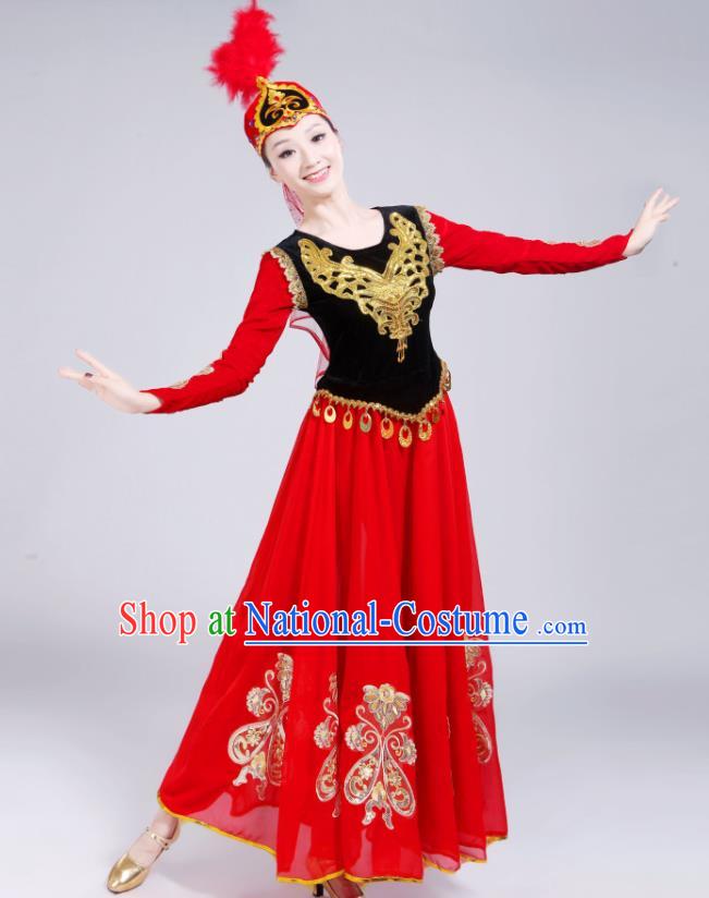 Chinese Uyghur Nationality Performance Clothing Spring Festival Gala Opening Dance Garment Costumes Xinjiang Ethnic Dance Red Dress Outfits