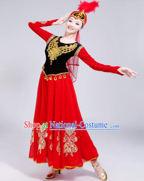 Chinese Uyghur Nationality Performance Clothing Spring Festival Gala Opening Dance Garment Costumes Xinjiang Ethnic Dance Red Dress Outfits