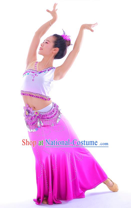 Chinese Yunnan Minority Festival Garment Costumes Ethnic Peacock Dance Purple Dress Outfits Dai Nationality Folk Dance Clothing