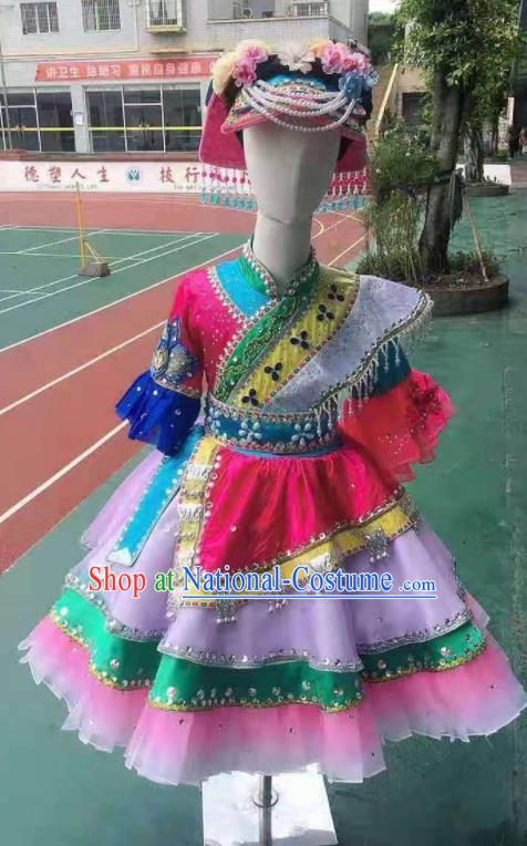 Chinese Qiang Nationality Children Performance Clothing Ethnic Folk Dance Garment Costumes Pumi Minority Dance Dress Outfits and Hat