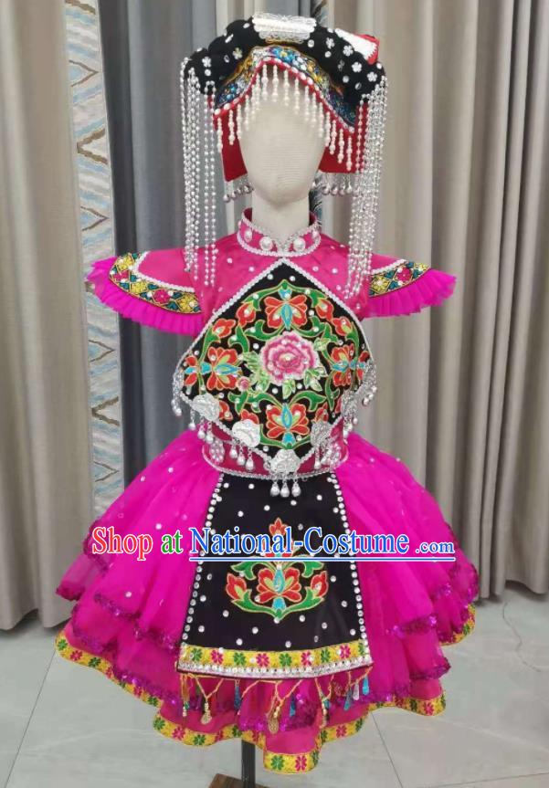 Chinese Ethnic Folk Dance Garment Costumes Yi Minority Dance Rosy Dress Outfits Pumi Nationality Children Performance Clothing and Headwear