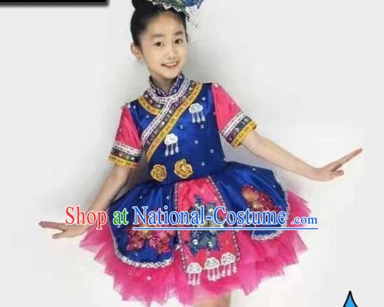 Chinese Li Nationality Children Performance Clothing Ethnic Folk Dance Garment Costumes Tujia Minority Dance Dress Outfits