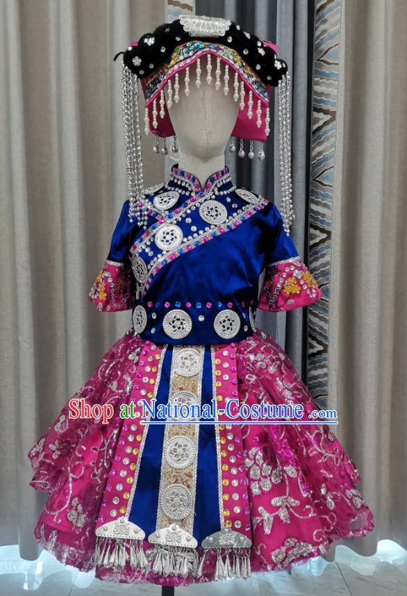 Chinese Lisu Nationality Children Performance Clothing Ethnic Folk Dance Garment Costumes Qiang Minority Dance Dress Outfits and Hat