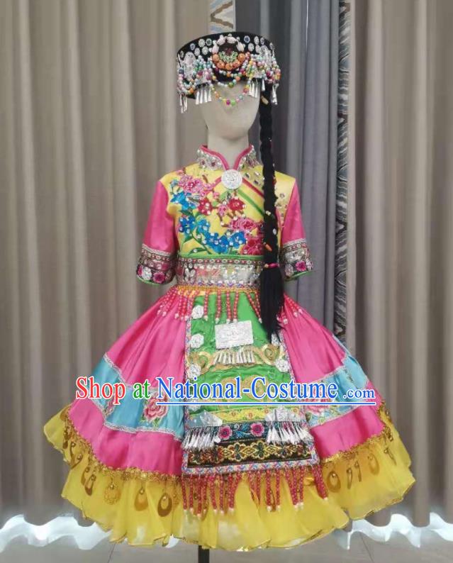 Chinese Qiang Nationality Children Performance Clothing Ethnic Folk Dance Garment Costumes Pumi Minority Dance Pink Dress Outfits and Headdress