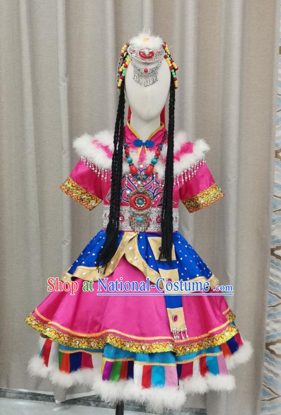 Chinese Zang Nationality Children Performance Clothing Ethnic Folk Dance Garment Costumes Tibetan Minority Dance Rosy Dress Outfits and Hair Accessories