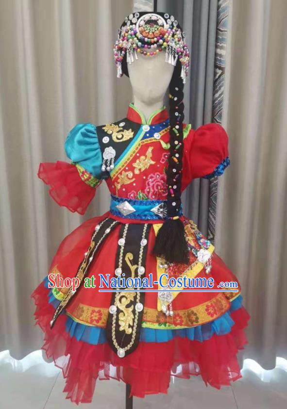 Chinese Qiang Nationality Children Performance Clothing Ethnic Folk Dance Garment Costumes Pumi Minority Dance Red Dress Outfits and Headpieces