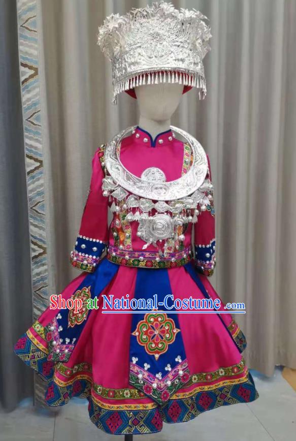 Chinese Pumi Minority Dance Rosy Dress Outfits Qiang Nationality Children Performance Clothing Ethnic Folk Dance Garment Costumes and Headdress