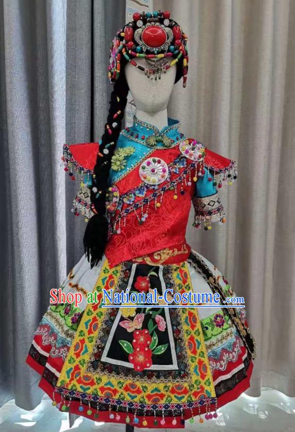 Chinese Ethnic Folk Dance Garment Costumes Lisu Minority Dance Red Dress Outfits Qiang Nationality Children Performance Clothing and Hat