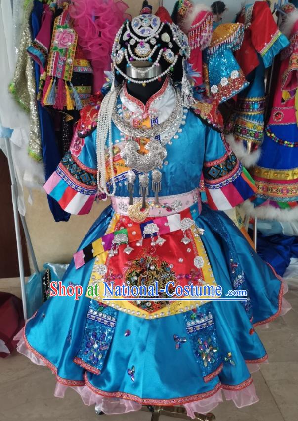 Chinese Pumi Nationality Children Performance Clothing Ethnic Folk Dance Garment Costumes Qiang Minority Dance Blue Dress Outfits and Pearls Hat