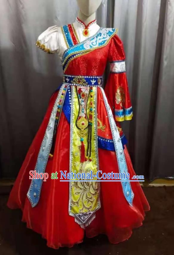 Chinese Tibetan Nationality Children Performance Clothing Ethnic Folk Dance Garment Costumes Zang Minority Dance Red Dress Outfits