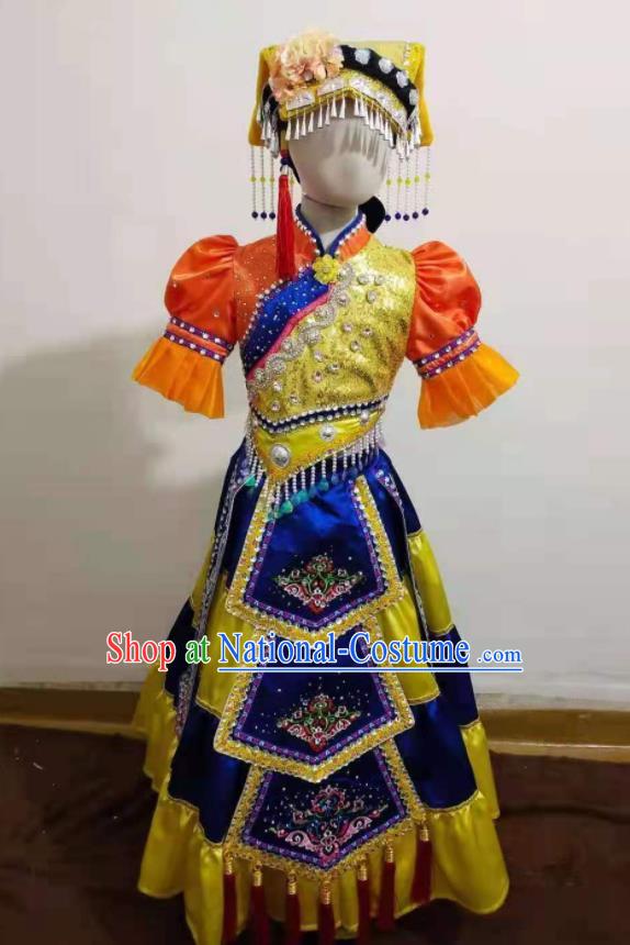 Chinese Yi Nationality Performance Clothing Ethnic Children Dance Garment Costumes Qiang Minority Girl Dance Yellow Dress Outfits and Hat