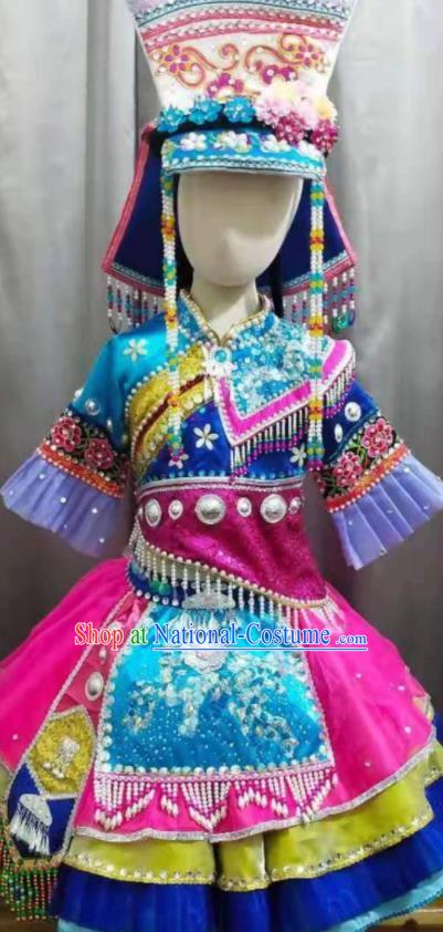 Chinese Qiang Nationality Performance Clothing Ethnic Children Dance Garment Costumes Pumi Minority Girl Dance Dress Outfits and Headwear