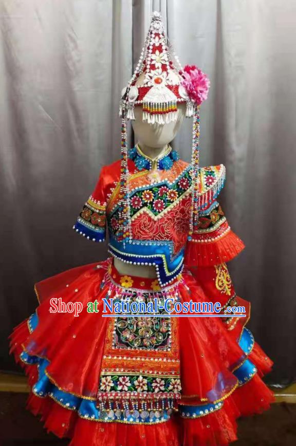 Chinese She Nationality Performance Clothing Ethnic Children Dance Garment Costumes Qiang Minority Girl Festival Red Dress Outfits and Hair Crown