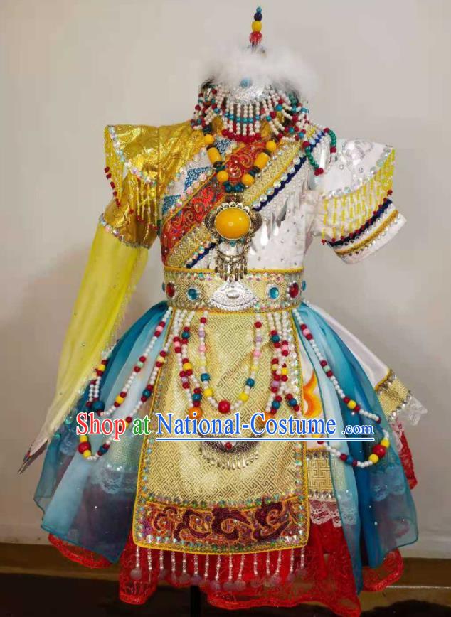 Chinese Tibetan Nationality Performance Clothing Ethnic Children Dance Garment Costumes Zang Minority Girl Festival Golden Dress Outfits and Hair Accessories