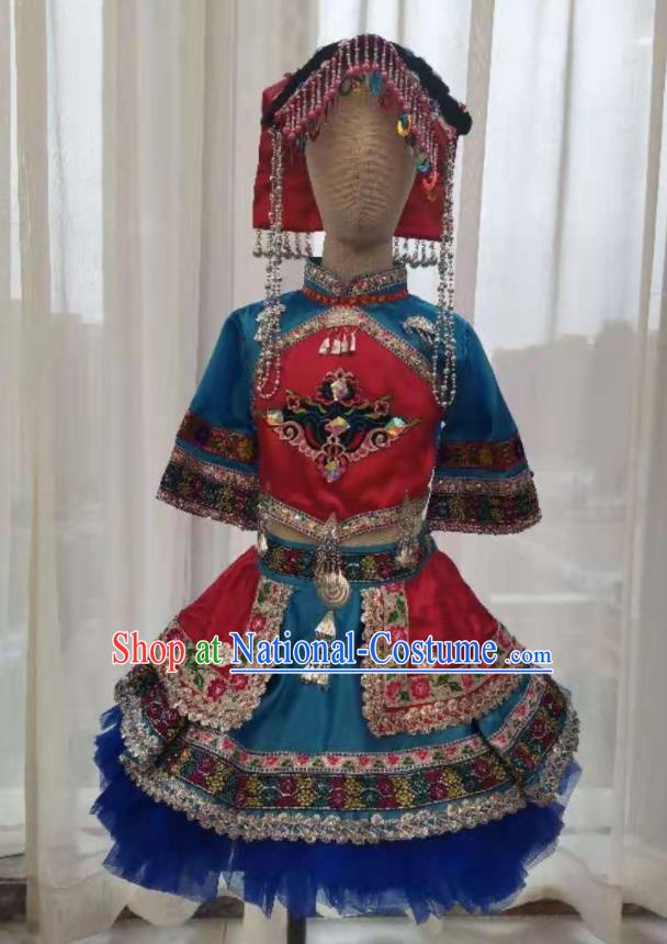 Chinese Qiang Nationality Performance Clothing Ethnic Children Dance Garment Costumes Pumi Minority Girl Festival Blue Dress Outfits and Headpiece