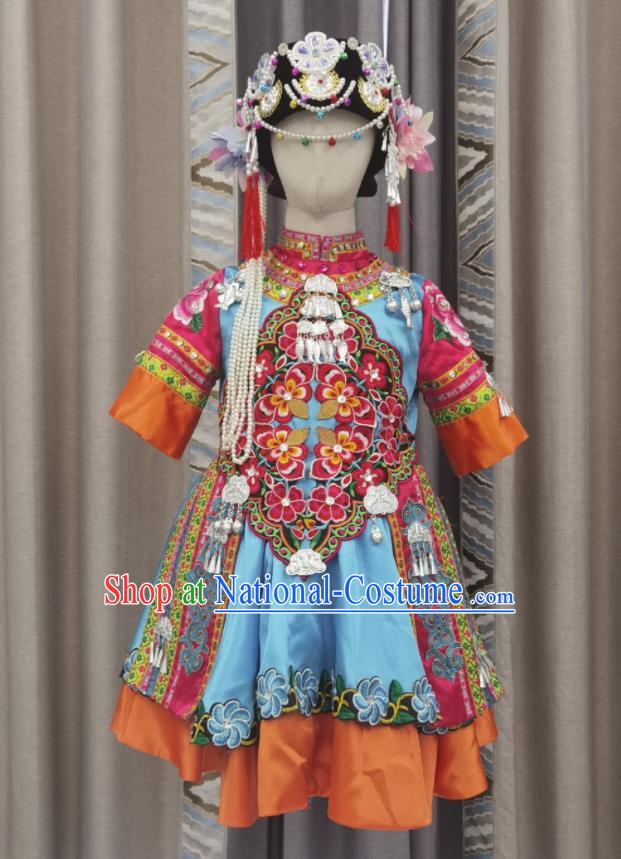 Chinese Miao Nationality Performance Clothing Ethnic Children Dance Garment Costumes Qiang Minority Girl Festival Dress Outfits and Headwear