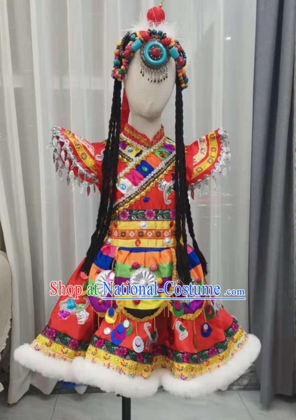 Chinese Zang Nationality Children Performance Clothing Ethnic Folk Dance Garment Costumes Tibetan Minority Girl Festival Red Dress Outfits and Headpieces