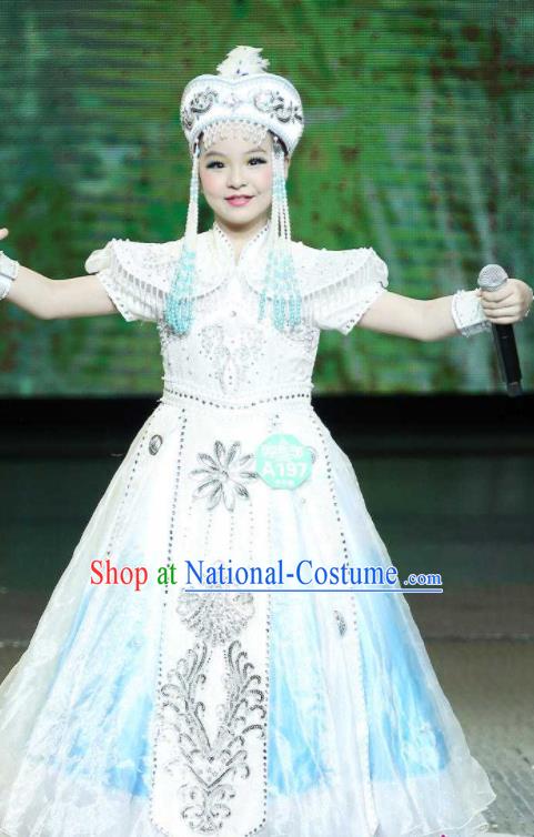 Chinese Mongolian Minority Girl Festival Dress Outfits Mongol Nationality Children Performance Clothing Ethnic Folk Dance Garment Costumes and Tassel Hat