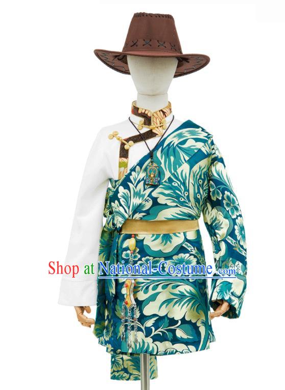 Chinese Ethnic Boys Performance Costume Zang Nationality Kid Solo Clothing Traditional Lake Blue Brocade Tibetan Robe