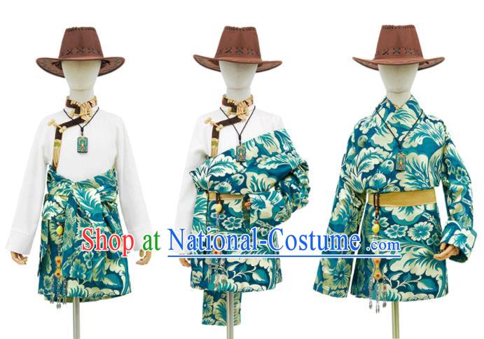 Chinese Ethnic Boys Performance Costume Zang Nationality Kid Solo Clothing Traditional Lake Blue Brocade Tibetan Robe