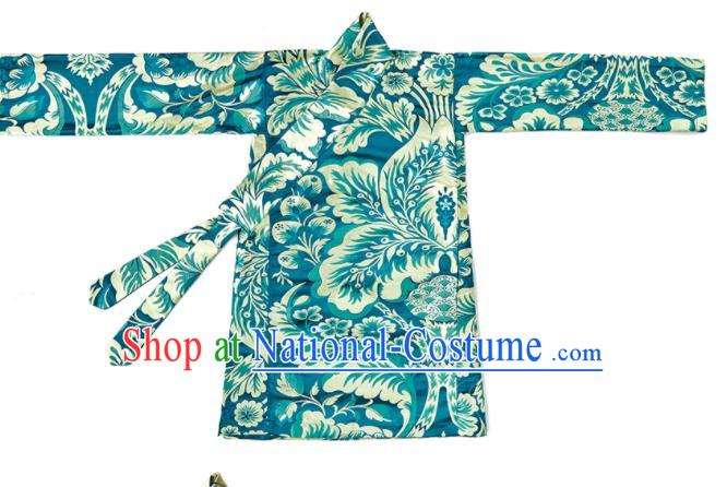 Chinese Ethnic Boys Performance Costume Zang Nationality Kid Solo Clothing Traditional Lake Blue Brocade Tibetan Robe