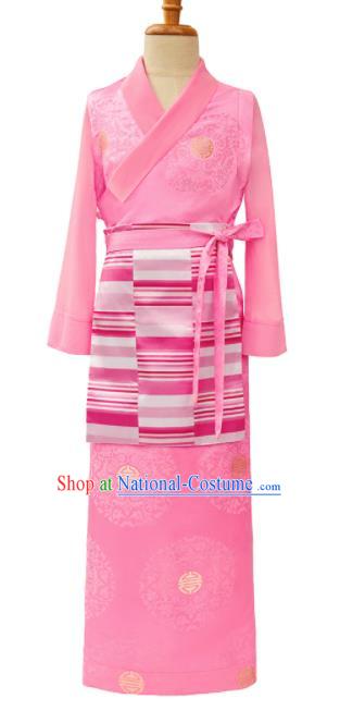 Chinese Tibetan Nationality Children Informal Clothing Ethnic Folk Dance Pink Brocade Dress Zang Minority Girl Garment Costume