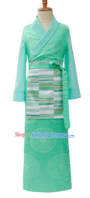 Chinese Zang Minority Girl Garment Costume Tibetan Nationality Children Informal Clothing Ethnic Folk Dance Green Brocade Dress