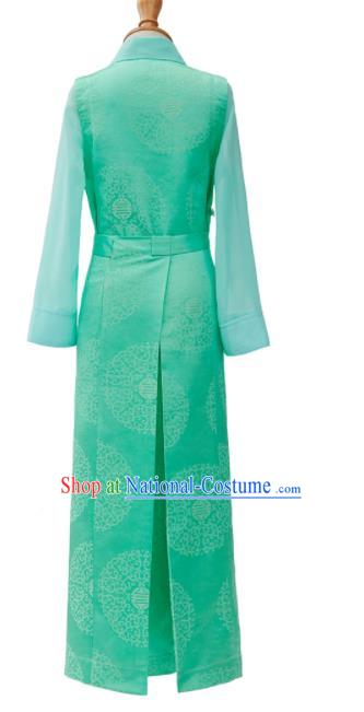 Chinese Zang Minority Girl Garment Costume Tibetan Nationality Children Informal Clothing Ethnic Folk Dance Green Brocade Dress