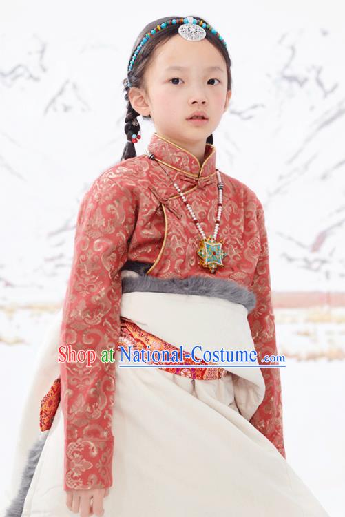 Chinese Ethnic Children Rust Red Brocade Shirt Zang Minority Girl Upper Outer Garment Tibetan Nationality Blouse Clothing