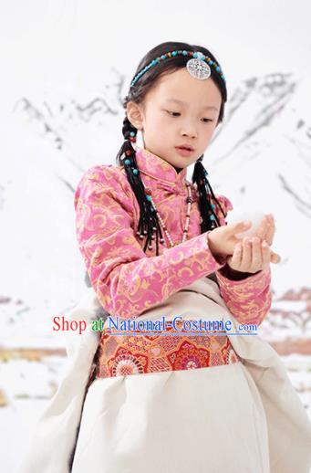 Chinese Tibetan Nationality Blouse Clothing Ethnic Children Pink Brocade Shirt Zang Minority Girl Upper Outer Garment