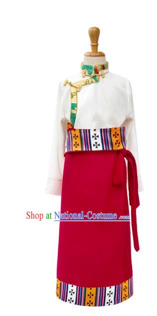 Chinese Zang Minority Performance Costumes Tibetan Nationality Girl Clothing Ethnic Children White Shirt and Red Skirt