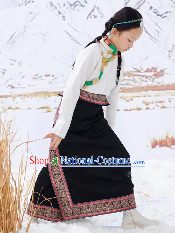 Chinese Zang Minority Festival Performance Costumes Tibetan Nationality Girl Clothing Ethnic Children White Blouse and Black Skirt